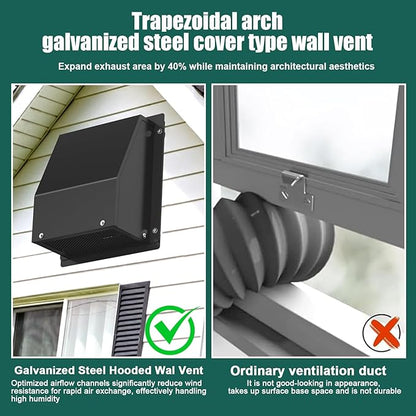 10 Inch Hooded Wall Vent Cover with Screen and Damper, Galvanized Steel Outdoor Wall Exhaust Vent Cover Cap Black for Dryer Bathroom Fan Range Hood HVAC Duct Ventilation (Includes Tape & Clamps)