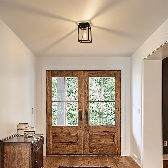 Baocuz 2 Pack Semi Flush Mount Ceiling Light Fixture, Black Metal Frame Porch Ceiling Light Fixture with Clear Glass Shade and E26 Ceramic Base, Farmhouse Light Fixtures for Kitchen Entryway Foyer
