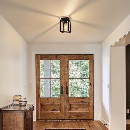 Baocuz 2 Pack Semi Flush Mount Ceiling Light Fixture, Black Metal Frame Porch Ceiling Light Fixture with Clear Glass Shade and E26 Ceramic Base, Farmhouse Light Fixtures for Kitchen Entryway Foyer