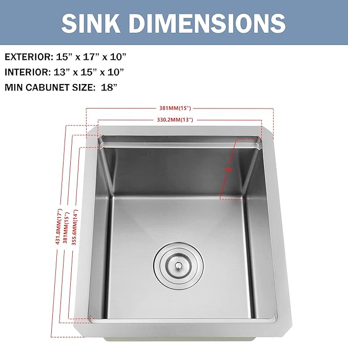 15 Inch Sink Undermount, 16 Gauge 304 Stainless Steel Workstaion Kitchen Sinks with Ledge & Accessories, 15" x 17" x10" Deep Bowl For Outdoor, RV,Prep Sink, and Wet Bar
