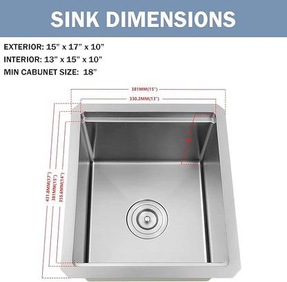 15 Inch Sink Undermount, 16 Gauge 304 Stainless Steel Workstaion Kitchen Sinks with Ledge & Accessories, 15" x 17" x10" Deep Bowl For Outdoor, RV,Prep Sink, and Wet Bar