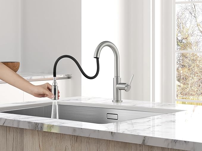AguaStella AS32BN Brushed Nickel Bar Faucet or Prep Kitchen Sink Faucet with Pull Down Sprayer and Single Handle
