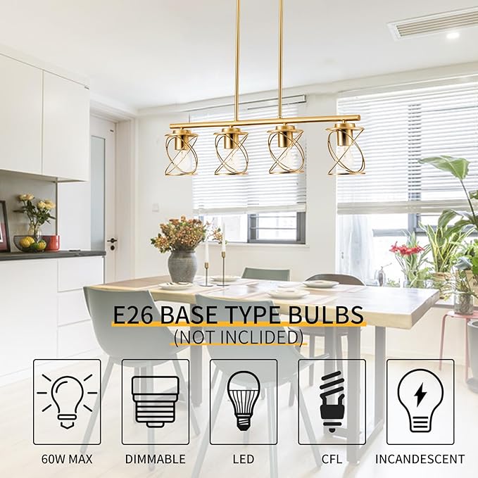 mavcadonf Kitchen Island Light, 4-Light Dining Room Lighting Fixtures Hanging, Farmhouse Linear Pendant Light for Kitchen Island Table Living Room with Adjustable Rods, Brushed Gold