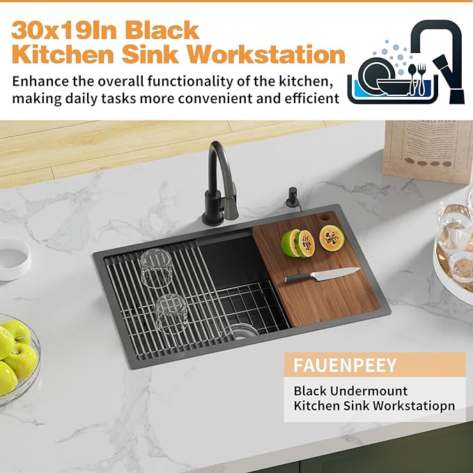 Black Kitchen Sink Workstation,30"x19" Stainless Steel Undermount Single Bowl Kitchen Sink Built-in Ledge Drop In Workstation Sink For Placing/Sliding Accessories-Cutting Board,Drying Rack