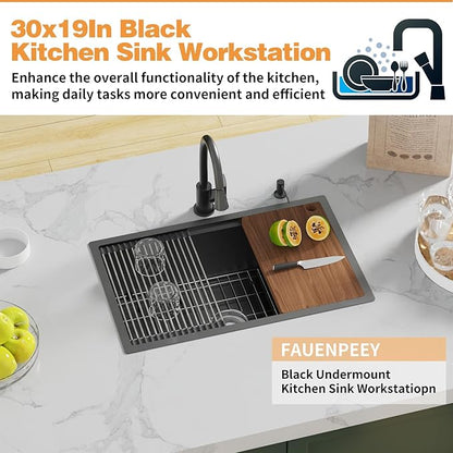 Black Kitchen Sink Workstation,30"x19" Stainless Steel Undermount Single Bowl Kitchen Sink Built-in Ledge Drop In Workstation Sink For Placing/Sliding Accessories-Cutting Board,Drying Rack