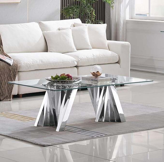 Henf Silver Glass Coffee Table with Mirrored Stainless Steel Base, 51"" Rectangle Modern Living Room Table Cocktail Table Luxury Tea Table Coffee Table for Home Office Living Room