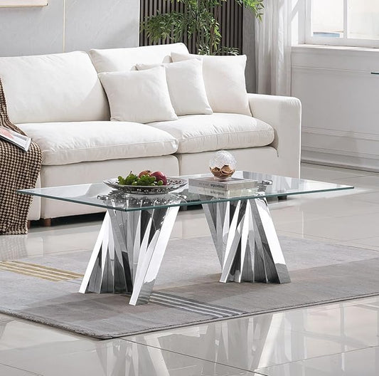 Henf Silver Glass Coffee Table with Mirrored Stainless Steel Base, 51"" Rectangle Modern Living Room Table Cocktail Table Luxury Tea Table Coffee Table for Home Office Living Room