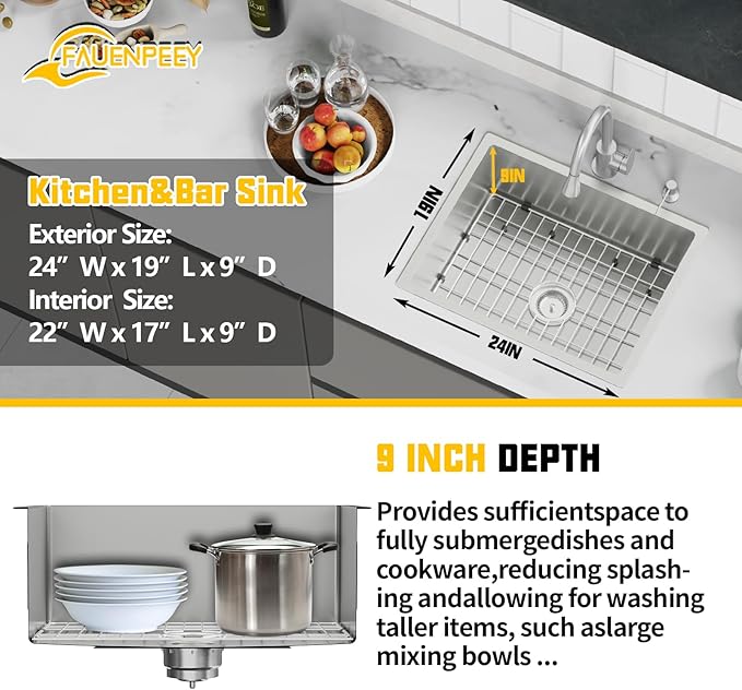 24x19 Inch Stainless Steel Kitchen Sink-Undermount Single Bowl Drop In Kitchen Sink Stylish And Modern Look Come With Bottom Grid,Silicon Mat And Drain Assembly Add Elegance & Enhance Usability
