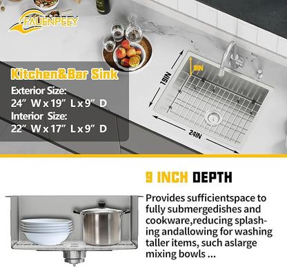 24x19 Inch Stainless Steel Kitchen Sink-Undermount Single Bowl Drop In Kitchen Sink Stylish And Modern Look Come With Bottom Grid,Silicon Mat And Drain Assembly Add Elegance & Enhance Usability