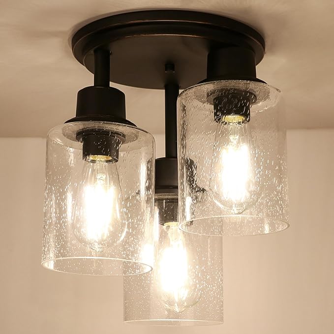 Semi Flush Mount Ceiling Light, 3-Light Close to Ceiling Light Fixtures, Vintage Oil-Rubbed Bronze Finish with Clear Seeded Glass Shade Chandelier Lighting for Stairs Porch Hallway Entryway Kitchen