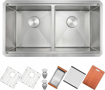 MILOSEN 32''x18'' Double Bowl Undermount Kitchen Sink, T304 Stainless Steel 50/50 Workstation Sink with 10'' Deep Basins & Custom Accessories, Large Handmade Sinks, Modern & Stylish Design