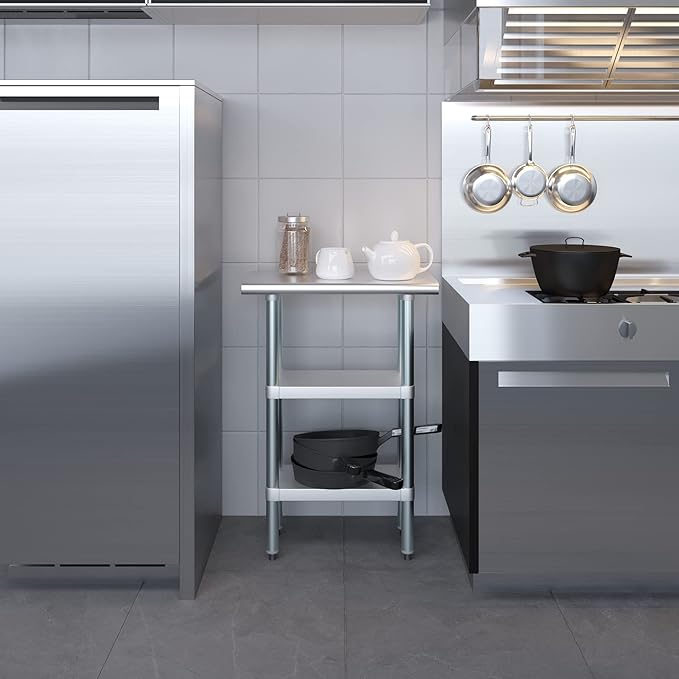 Stainless Steel Work Table with 2 Shelves | Kitchen Island Food Prep | Laundry Garage Utility Bench | NSF Certified (24" Long x 14" Deep)