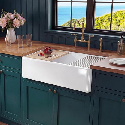 Miuara Farmhouse Workstation Sink 30 Inch for Kitchen - White Apron Front Fireclay Kitchen Sink Reversible 30"x20"x10", Farm House Style Heavy Duty Deep Single Bowl