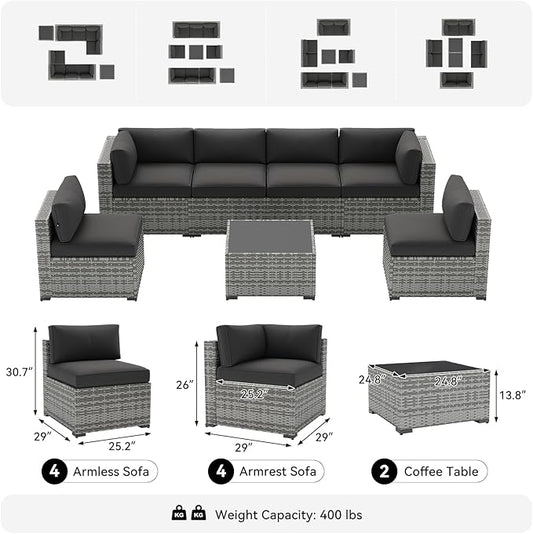 LazySunsets 10-Piece Patio Furniture Set, Wicker Rattan Outdoor Furniture with Thick Cushions, Patio Conversation Sets with Coffee Table, Outdoor Sectional Couch Sofa with Waterproof Cover, Black