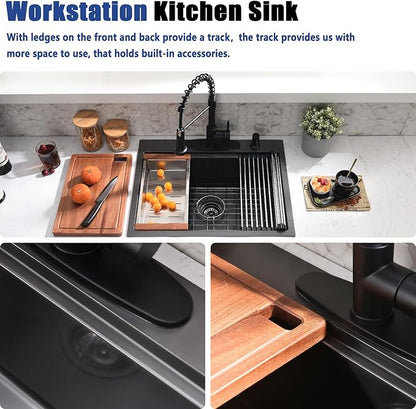 25x22 Black Drop In Kitchen Sink with Faucet Combo - 25 Inch Stainless Steel Workstation Kitchen Sink and Faucet Combo Set, Single Bowl Drop In Sinks Black with Accessories