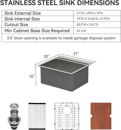 Lordear 21x20x10 Inch Drop in Bar Kitchen T304 16 Gauge Stainless Steel Single Bowl Workstation Topmount Over Counter for Wet Bar Prep Small Kitchen with Cutting Board