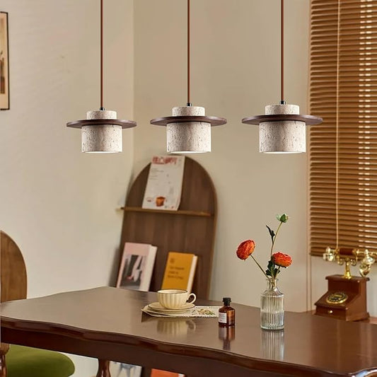 Japanese Wabi sabi Pendant Light with Natural Stone Shade, Dimmable Modern Wood Hanging Lamp Fixture, Adjustable Height Pendant Lamp for Bedroom, Kitchen Island, Dining Room, Restaurant, Cafe, Bar (C)