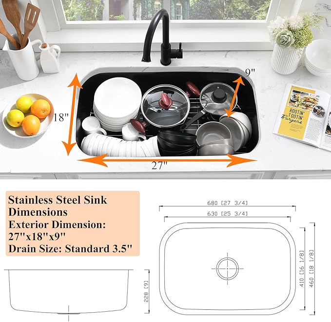 28 Black Undermount Kitchen Sink-Bokaiya 28x18 Inch Undermount Stainless Steel Sink 16 Gauge Single Bowl Kitchen Sinks with Dish Grid