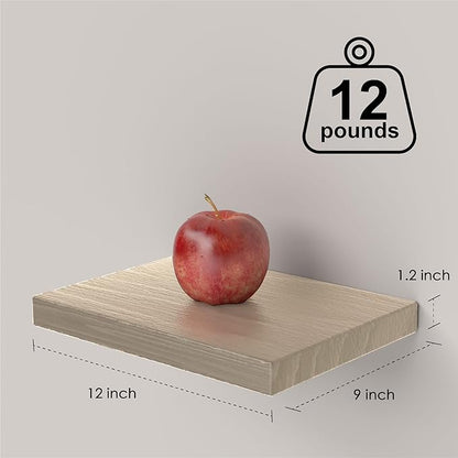 PopiShelves Small Floating Shelves for Wall - 12 x 9 Inch Natural Wood Shelves for Bedroom, Living Room, Bathroom, Kitchen, Office Decor Set of 3