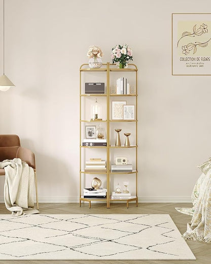 Hzuaneri Corner Shelf Stand, 6-Tier Glass Bookshelf Bookcase, Bathroom Organizer, Plant Stand, Steel Frame, Tempered Glass, Modern Style for Living Room, Bathroom, Kitchen, Golden CS90600G