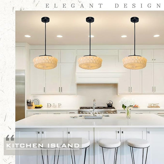 Vintage Glass Pendant Light, Mid-Century Modern Creamy Hanging Light Fixture with 14" Glass Shade, Adjustable Stem Industrial Ceiling Lamp for Kitchen Island, Dining Room, Entryway