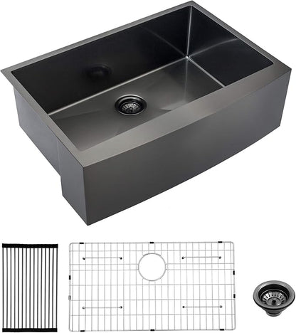 Lordear 28 Inch Black Farmhouse Sink Apron Front 16 Gauge Stainless Gunmetal Black Single Bowl Farmhouse Kitchen Sinks 28x21 Inch Barn Farm Sink