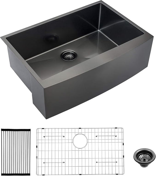 Lordear 28 Inch Black Farmhouse Sink Apron Front 16 Gauge Stainless Gunmetal Black Single Bowl Farmhouse Kitchen Sinks 28x21 Inch Barn Farm Sink