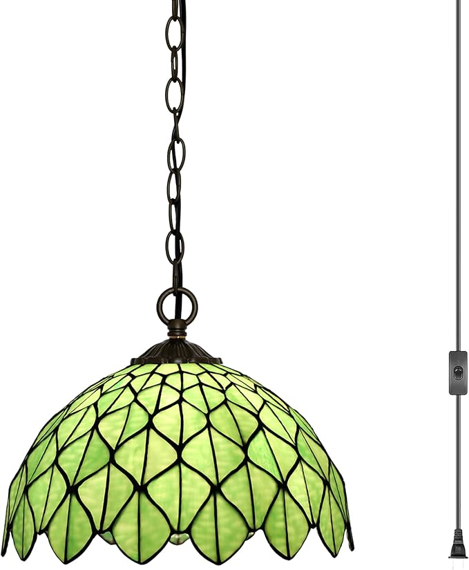 Tiffany Pendant Light Plug-in Stained Glass Hanging Lamp 12”x12”x181” Green Maple Leaf Swag Light Vintage Lighting for Dining Room Living Room Kitchen Hallway Bedroom