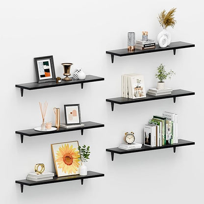 SKYSEN Floating Shelves for Wall Set of 6, 23.6in Wood Wall Shelf for Decor, Bathroom, Bedroom, Storage, Book,Kitchen, Living Room - Black(fs-60-b)
