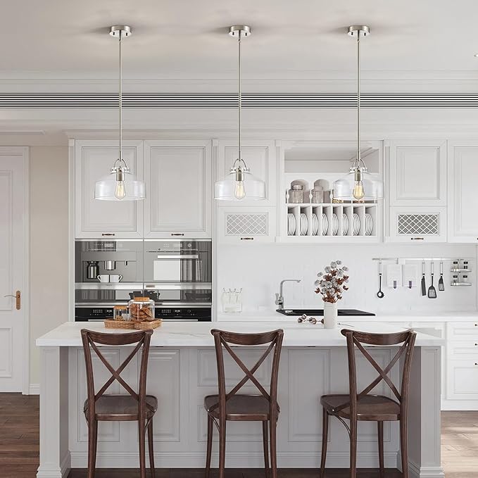 WUZUPS Chandelier Rustic Farmhouse Industrial Round Ceiling Pendant LED Light Fixture with Clear Glass Shades for Dining Room Kitchen Island Foyer Entryway, H 9.4" x W 10.6", E26 Base, Brushed Nickel