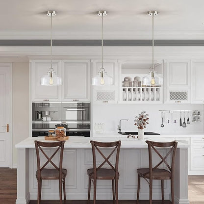WUZUPS Chandelier Rustic Farmhouse Industrial Round Ceiling Pendant LED Light Fixture with Clear Glass Shades for Dining Room Kitchen Island Foyer Entryway, H 9.4" x W 10.6", E26 Base, Brushed Nickel