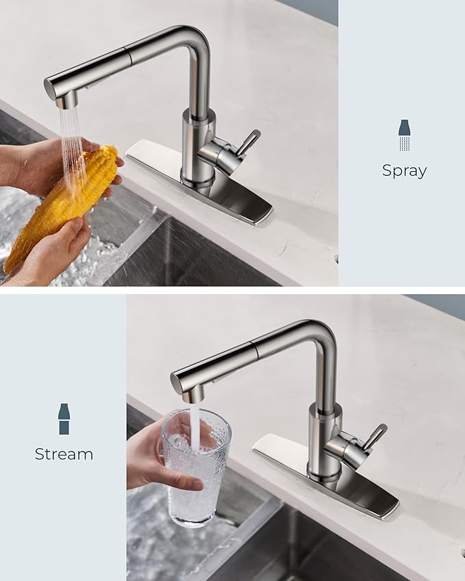 FORIOUS Kitchen Faucets with Pull Down Sprayer, Chrome Stainless Steel Single Handle Classic Pull Out Sink Faucet for Farmhouse Laundry RV Bar, with Deck Plate for 1 or 3 Holes
