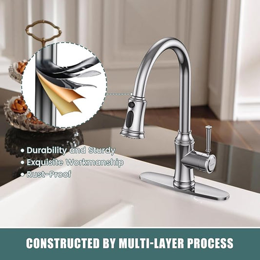 Kitchen Faucet with Pull Down Sprayer, Single Handle High Arc Utility Sink Faucet with Deck Suitable for bar for Kitchen Sink, Laundry Sink, Wet Bar or RV, Chrome