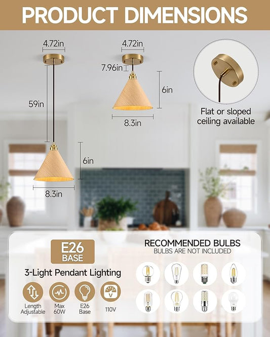 3 Pack Pendant Lights Kitchen Island, 8.3” Modern Pendant Light, Adjustable Height Wood Hanging Light, Kitchen Island Light fixtures for Dining Room, Bedroom, Hallway, Bar(Natural Wood)