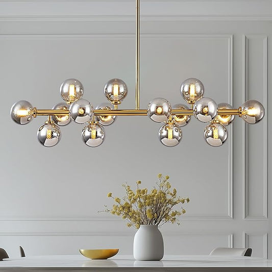 16-Light Globe Sputnik Chandelier, Mid Century Modern Light Fixture Over Table, Brass Gold Linear Chandeliers for Dining Room and Kitchen Island (Smoke Grey Glass Bubble Shades, 40 Inch)