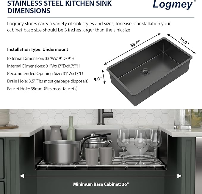 Logmey 33 Inch Black Undermount Kitchen Sink - 33x19x9 Inch Gunmetal Black Stainless steel Single Bowl 16-Gauge Kitchen Sink