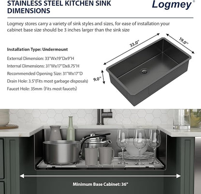 Logmey 33 Inch Black Undermount Kitchen Sink - 33x19x9 Inch Gunmetal Black Stainless steel Single Bowl 16-Gauge Kitchen Sink