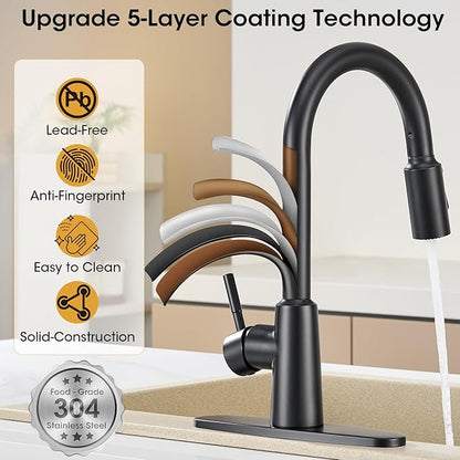 Matte Black Kitchen Faucet with Pull Down Sprayer, High Arc Single Handle Stainless Steel 1 or 3 Hole Faucet for Kitchen Sink, Farmhouse, RV, Laundry, Bar, Outdoor