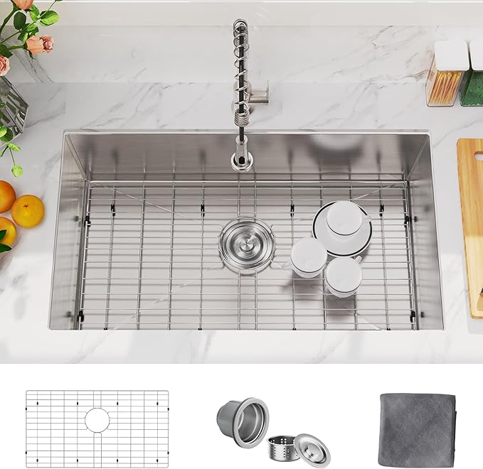 MAYESAR 30 Inch Undermount Kitchen Sink - 30 x 18 Stainless Steel Kitchen Sinks 16 Gauge Single Bowl 9" Deep Handmade Sink with Brushed Finish, Round Corner