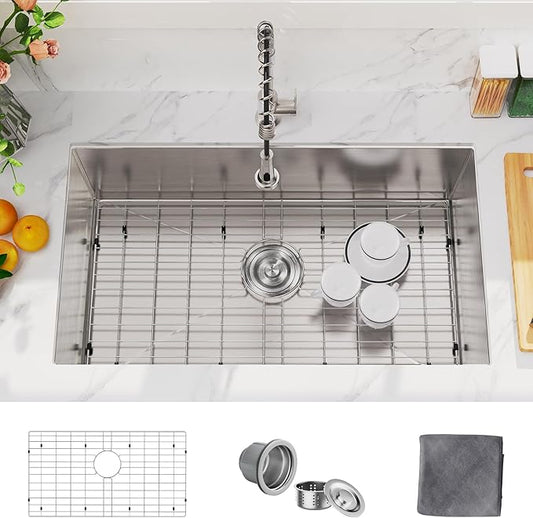 MAYESAR 30 Inch Undermount Kitchen Sink - 30 x 18 Stainless Steel Kitchen Sinks 16 Gauge Single Bowl 9" Deep Handmade Sink with Brushed Finish, Round Corner