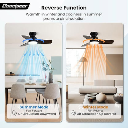 30 Inch Ceiling Fans with Lights and Remote, Bedroom Living Room Office, Flush Mount, 3CCT Dimmable, Dual Color 3 Blades 6 Speed Reversible Quiet DC Motor, Black/Wood Grain