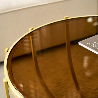 Saint Mossi 30" Glass Round Coffee Table for Living Room, Mid Century Modern 2-Tier Gold Drum Center Table, Brown Glass Top, Glass Shelf with Gold Finish Legs & Frame, W30xH16.5