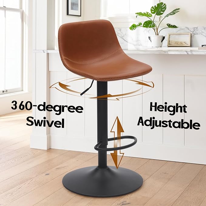 Adjustable Bar Stools Set of 2, Swivel Bar Stools, Bar Height Stools with Back Support Counter Height Bar Chairs Pu Leather Bar Stool for Kitchen Island Rustic Bar stools