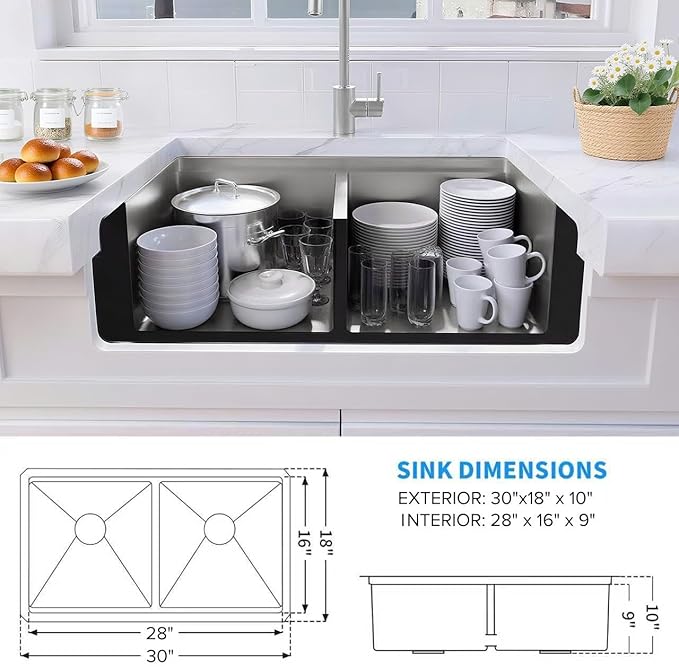 LQS 30 Inch Kitchen Sink Stainless Steel, Undermount Double Bowl Kitchen Sink, 50/50 Stainless Steel 16 Gauge Top-Grade with Fordable Roll-Up Drying Rack, Built-In Accessories and X-Shaped Drain Line