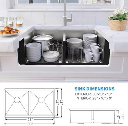 LQS 30 Inch Kitchen Sink Stainless Steel, Undermount Double Bowl Kitchen Sink, 50/50 Stainless Steel 16 Gauge Top-Grade with Fordable Roll-Up Drying Rack, Built-In Accessories and X-Shaped Drain Line