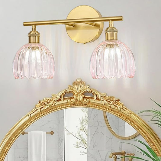 Gold Bathroom Light Fixtures Over Mirror, 2 Light Bathroom Vanity Light Fixture with Tulip Pink Glass Lampshade, Vintage Vanity Lights for Bathroom, Bathroom Vanity Lights Over Mirror