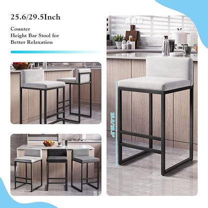 Velvet Stools with Low Back Mid-Century Upholstered Armless Chairs for Kitchen Island Home Pub Grey + Gold Sitting Height 65cm (White + Black 25.6in)