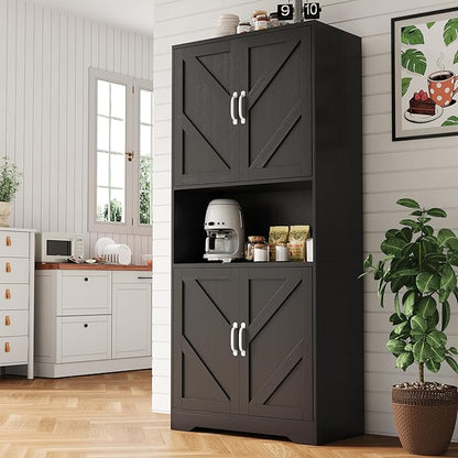 IDEALHOUSE 70" Kitchen Pantry Storage Cabinet, Farmhouse Kitchen Hutch Cabinet with 4 Doors & 2 Adjustable Shelves, Freestanding Cupboard with Microwave Stand for Dining Room,Living Room,Black