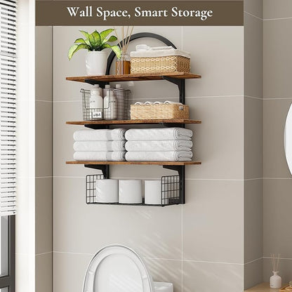 3 Tier Floating Shelf with Storage Baskets, Wall Mounted Bathroom Shelves Over Toilet, Wood Wall Shelves for Kitchen, Bedroom, Living Room, Home Organization and Decor, Rustic Brown