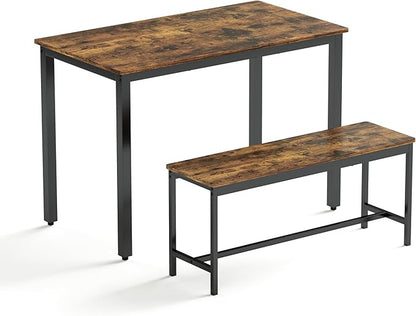 Industrial Style 3 PCS Kitchen Table Set, 43.3" L Dining Table with 2 Benches, Rustic Brown